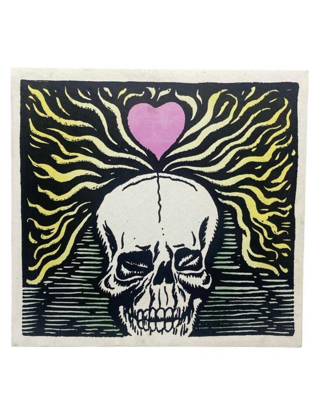 wall art work Day of the Dead skull picture black white green yellow pink READ